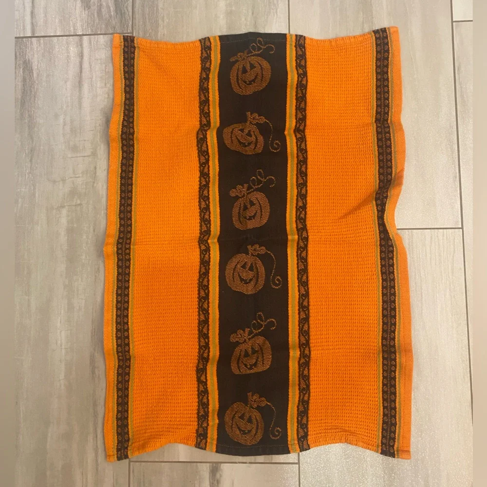 Bundle Pair of Halloween Jack O’Lantern Pumpkin Waffle Weave Hand Dish Towels